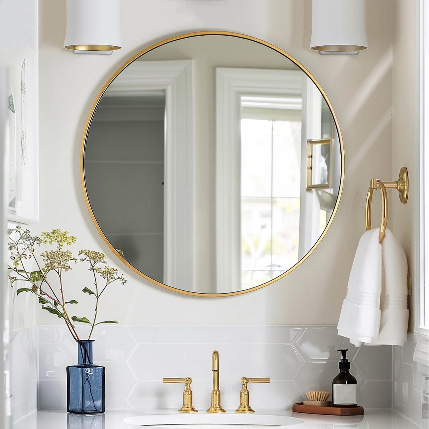 Sunniry Gold Round Mirror, 24 inch Circle Mirror, Gold Metal Frame Bathroom Mirrors, Round Wall Mounted Mirrors for Bathroom, Hallway, Living Room, Bedroom.