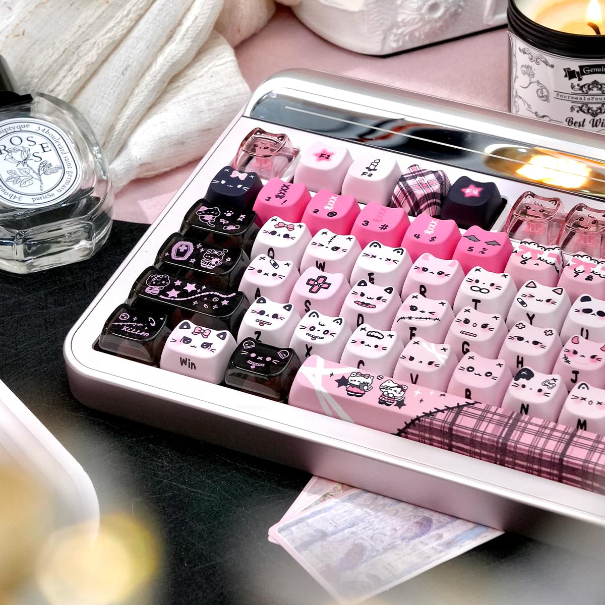 TYRIXKI 26 Keys Crystal Jelly Personalized Keycaps, PC Material Cute Black Pink Cat Transparent Custom Keycaps, Mao Profile Keycap for DIY MX Swithes Mechanical Keyboards