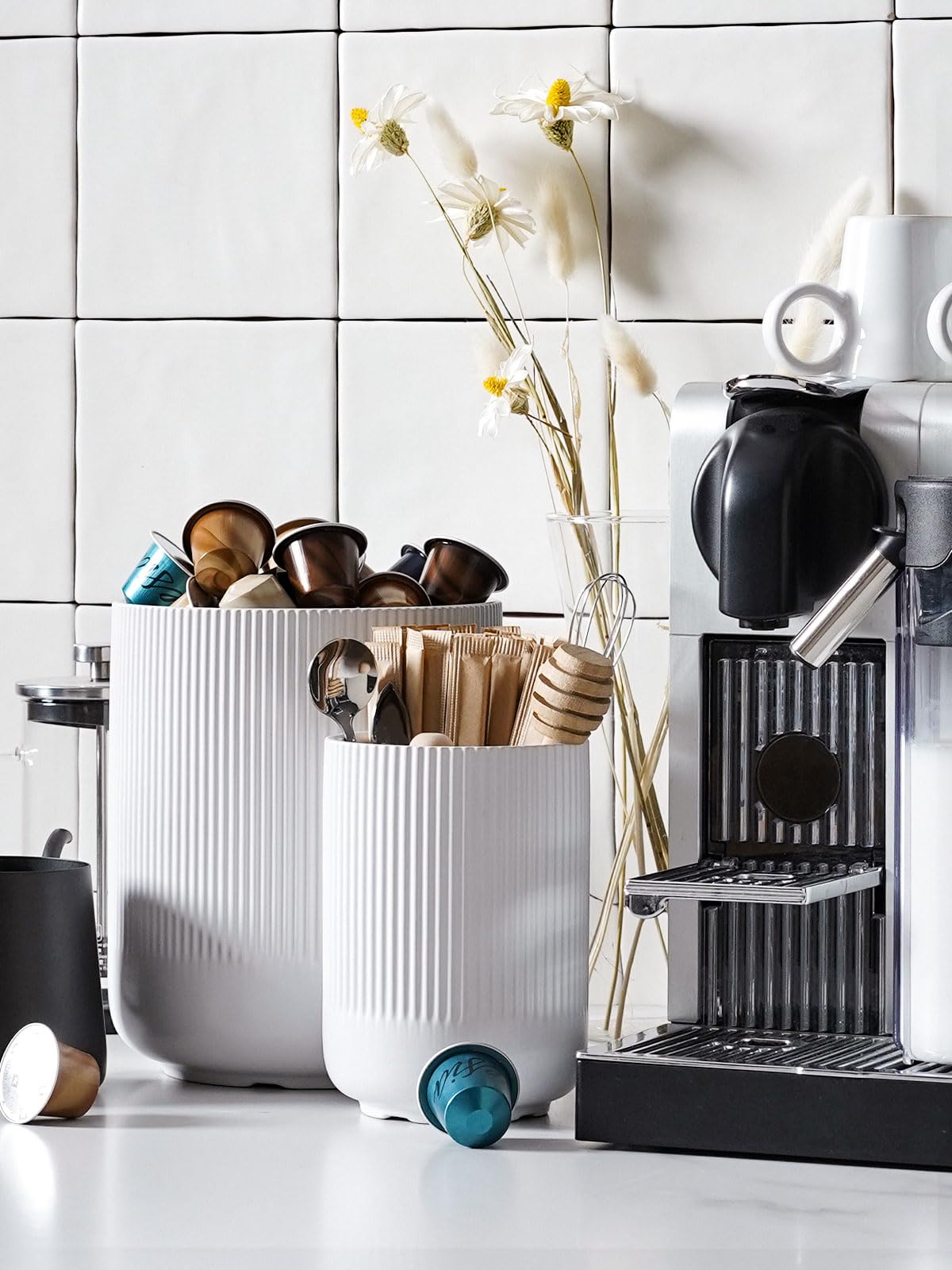 LE TAUCI Utensil Holder, 7.3"+5.4" Ceramic Kitchen Utensil Holder for Countertop, Large Cooking Utensil Crocks for Kitchen Counter Decor, Morden Utensil Organizer for Spatula, Set of 2, White