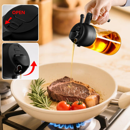 SWEET VIEW Olive Oil Sprayer for Cooking, 470ml 2 In 1 Glass Oil Dispenser/Pour Bottle, Kitchen Accessories, Kitchen Gadgets for Air Fryer, Salad, BBQ (Black)