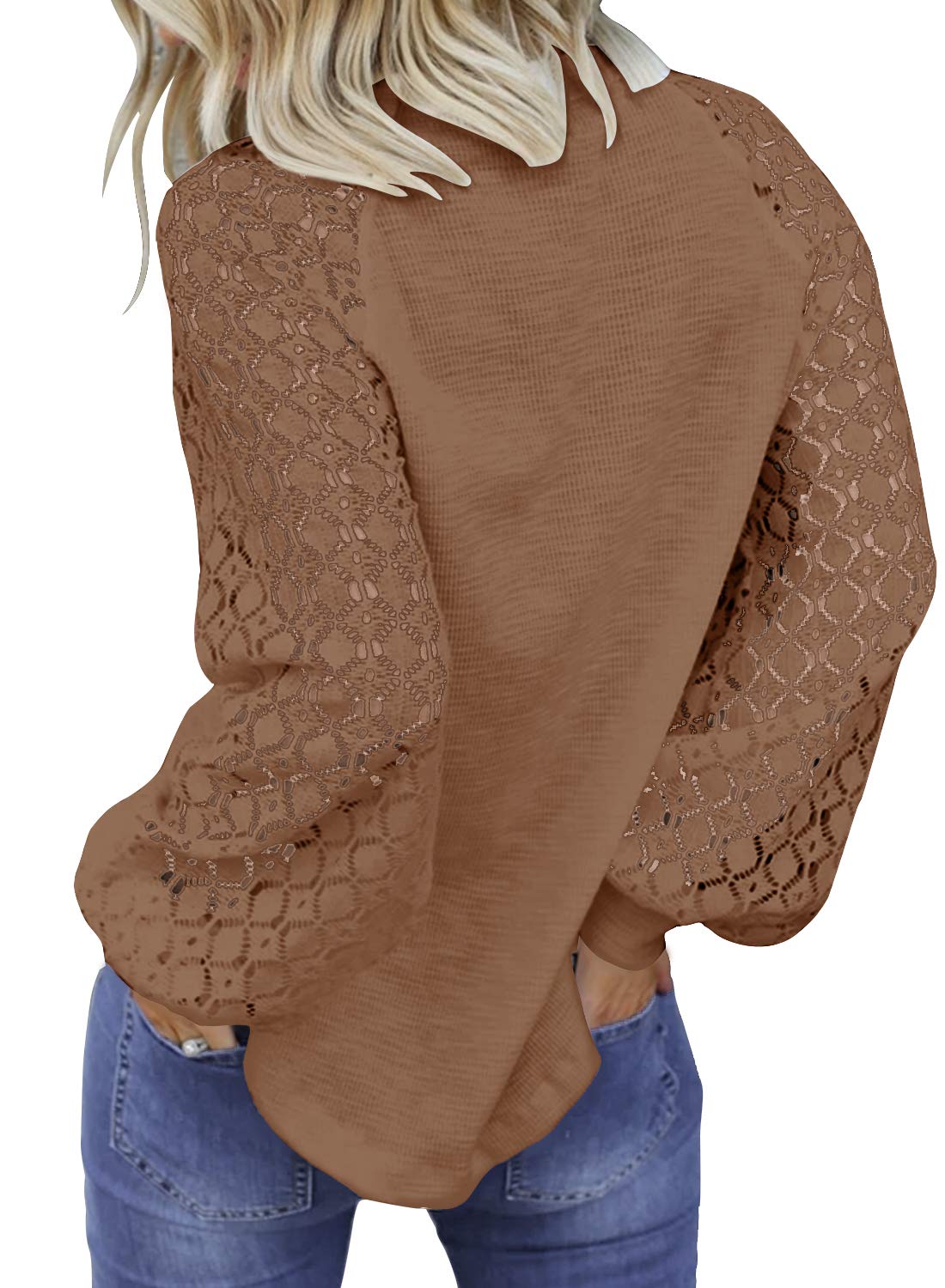 MIHOLL Women’s Long Sleeve Tops Lace Casual Loose Blouses T Shirts Coffee