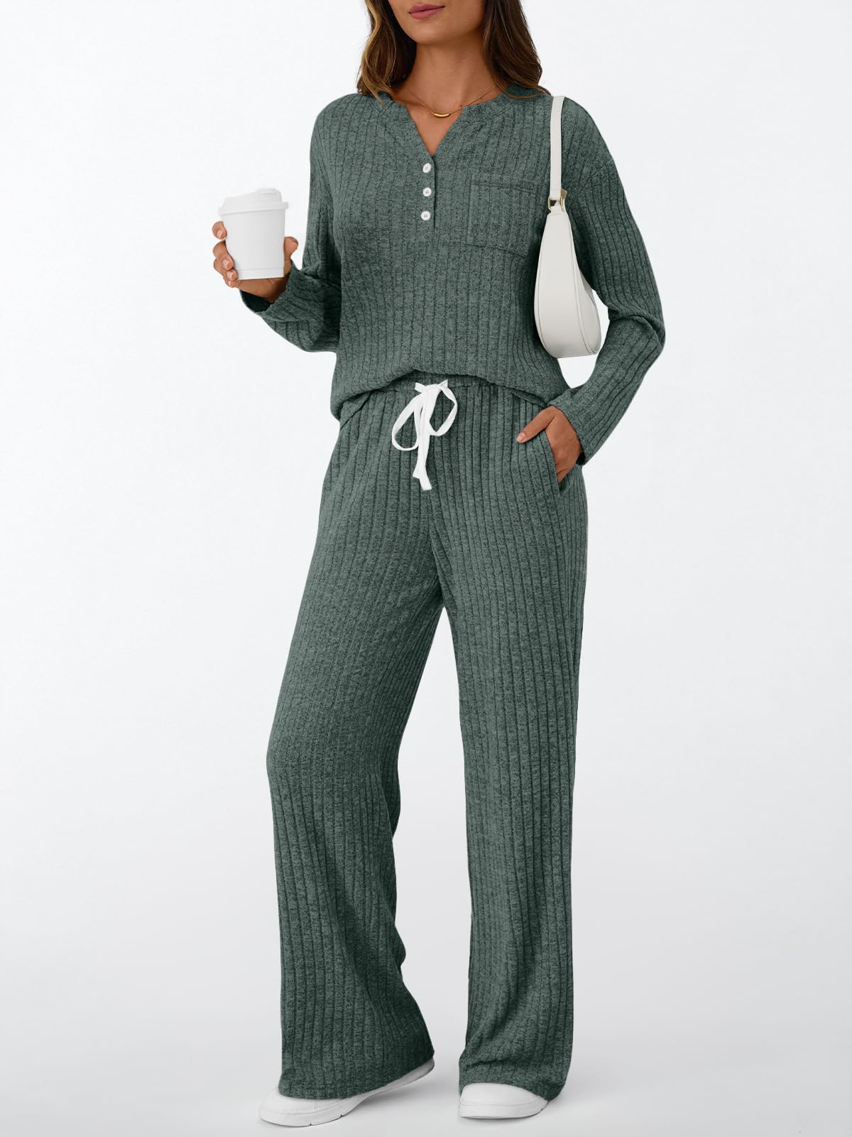 LILLUSORY Womens 2 Piece Lounge Sets Matching Airport Travel Outfits 2026 Spring Clothing Fall Pajamas Sweat Suits Pockets Green S