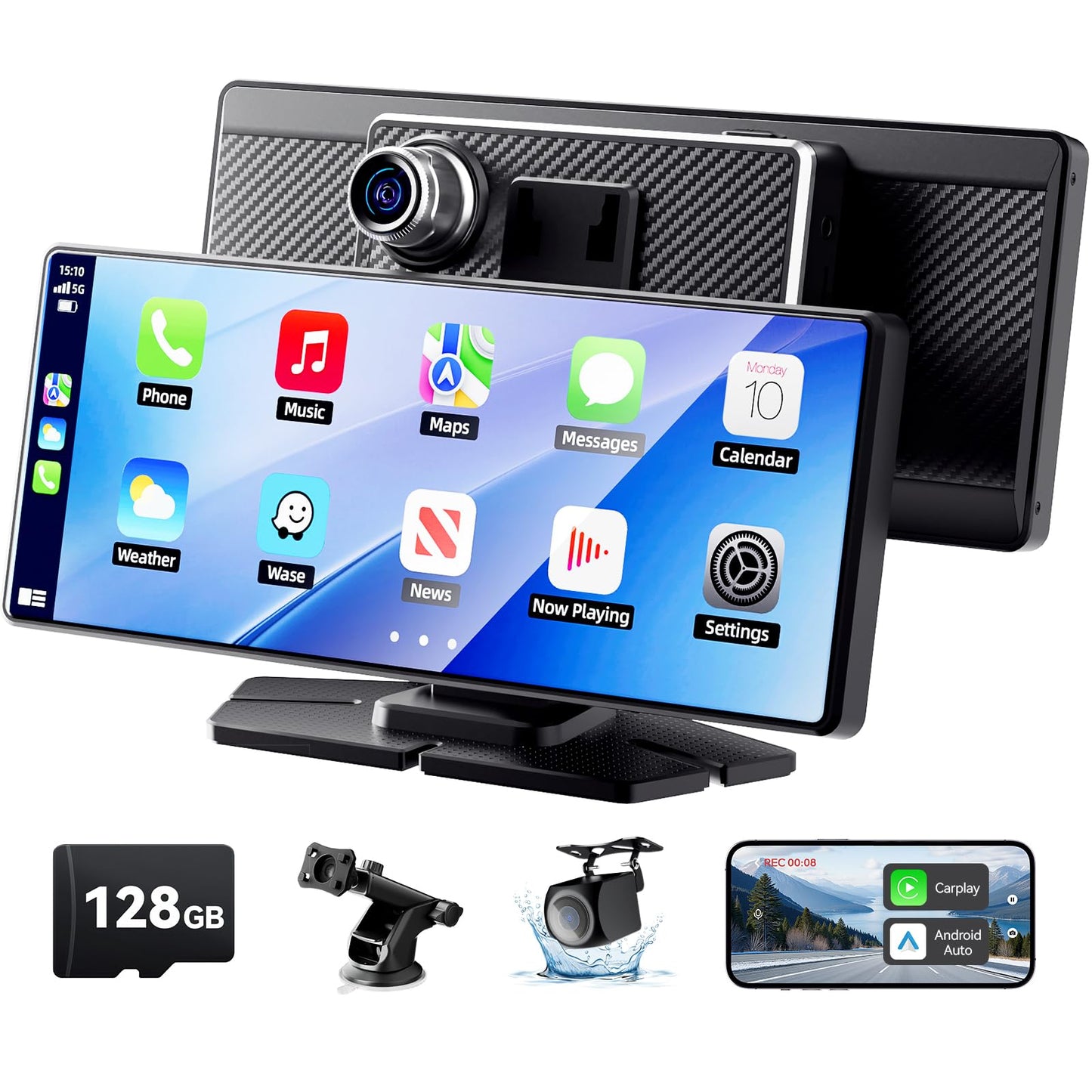 TERUNSOUl Carplay Screen for Car, 8.1" HD Portable Touch Screen Car Stereo with Android Auto, 4K Dash Cam, 1080P Backup Camera, GPS Navigation, Mirror Link, Bluetooth, AUX, FM Transmitter