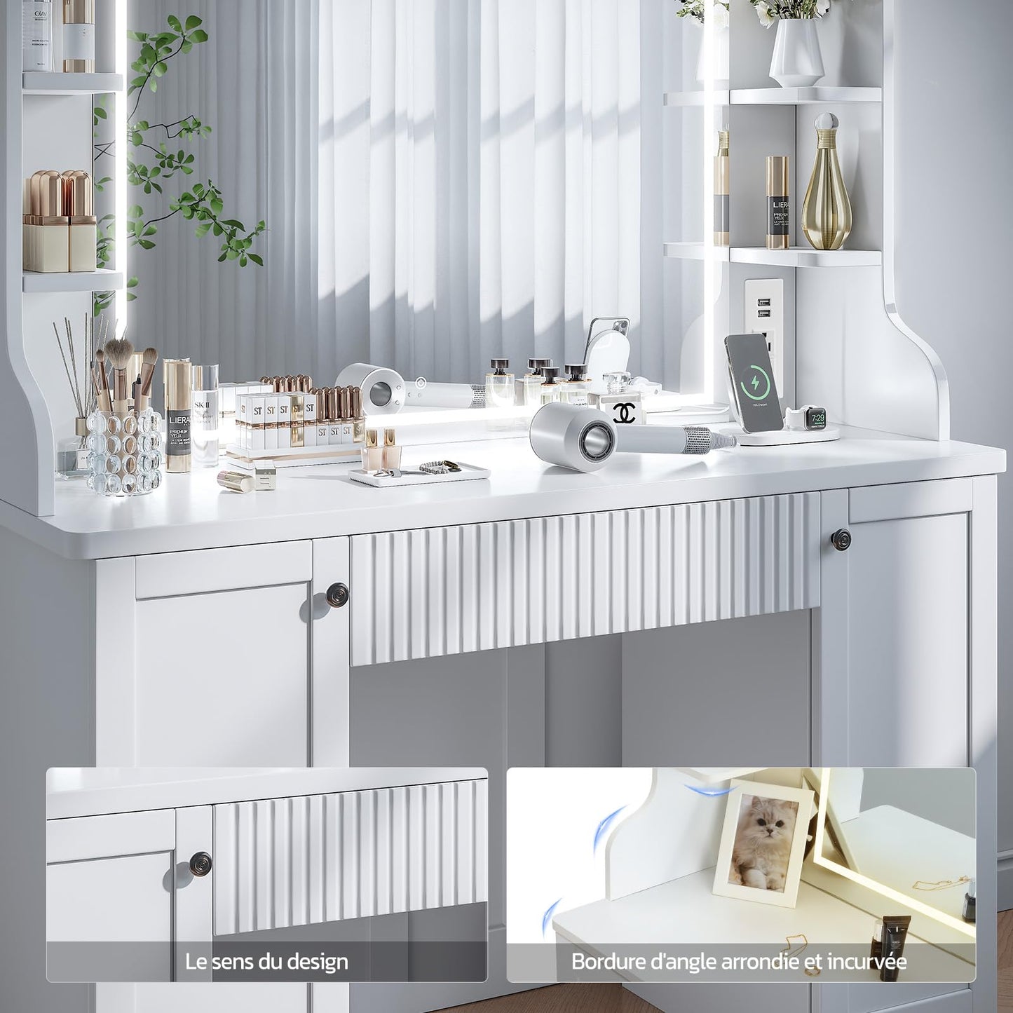 Fluted Makeup Vanity Desk with Mirror and Lights, Makeup Vanity Table with Power Outlet, Dressing Table with Storage, Adjustable Shelves, Touch Control, Modern White Vanity Desk with Lights