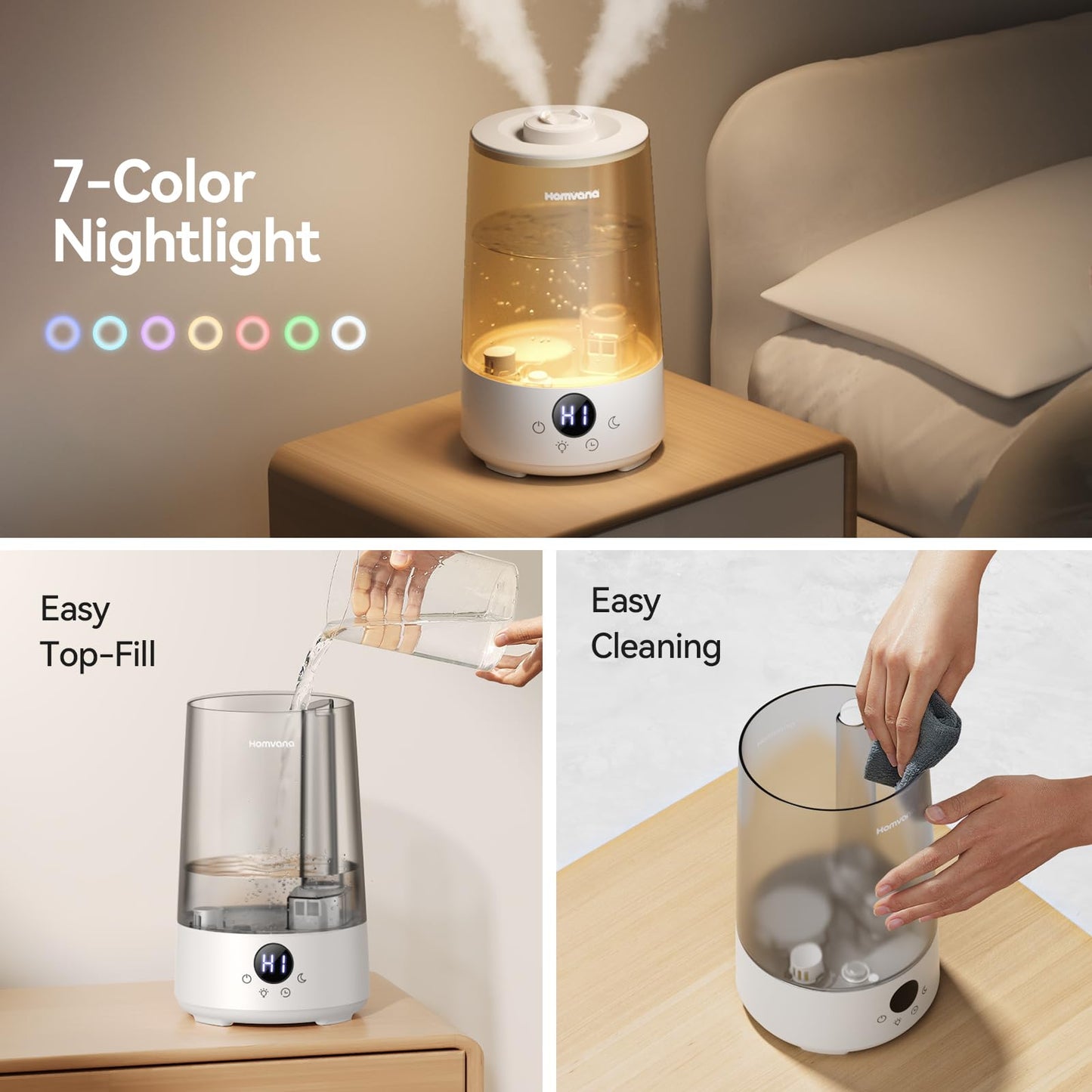Homvana Humidifiers for Bedroom Home, 3.6 L Cool Mist Top-Fill 34H Super Long Time, Quiet 16dB, Baby Humidifier, Oil Diffuser for Large Room, Plants, Nursery, Office BPA FREE, 7 Color Light Ultrasonic