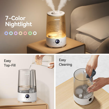 Homvana Humidifiers for Bedroom Home, 3.6 L Cool Mist Top-Fill 34H Super Long Time, Quiet 16dB, Baby Humidifier, Oil Diffuser for Large Room, Plants, Nursery, Office BPA FREE, 7 Color Light Ultrasonic