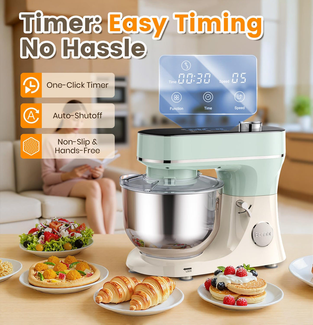 Bonnor Stand Mixer 6QT Kitchen Mixer with LED Smart Touchscreen, 11-Speed Tilt-Head Mixer with Timer, 4 Preset Menus, Stainless Steel Bowl, Dough Hook, Whisk, Beater,Green