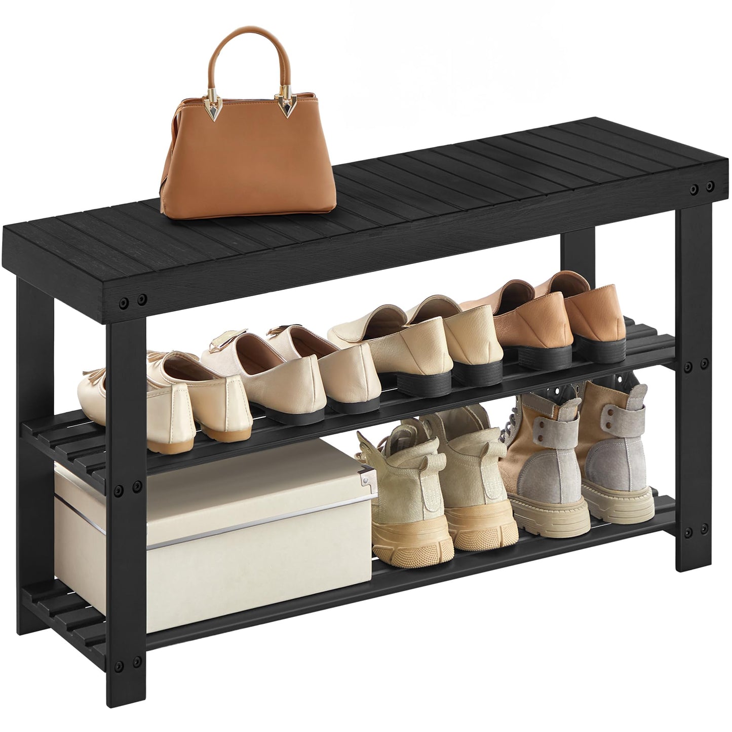 SONGMICS Shoe Rack Bench, 3-Tier Bamboo Shoe Storage Organizer, Entryway Bench, Holds Up to 286 lb, 11.3 x 35.4 x 17.8 Inches, for Entryway Bathroom Bedroom, Ink Black ULBS90B33