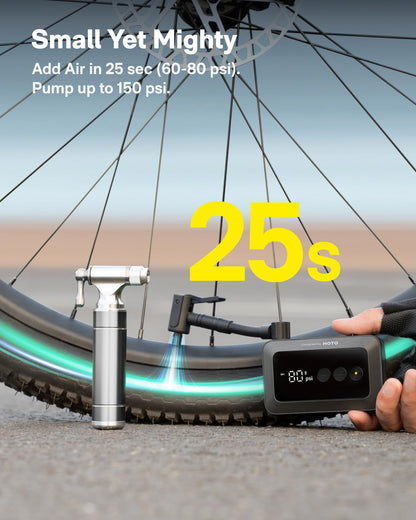 HOTO Mini Bike Tire Pump, 25s Fast Inflate Bicycle Pump with Guage, 150PSI Portable Electric Bike Air Pump with Presta and Schrader Valve for Road Bike, Motorcycle, Mountain Bike