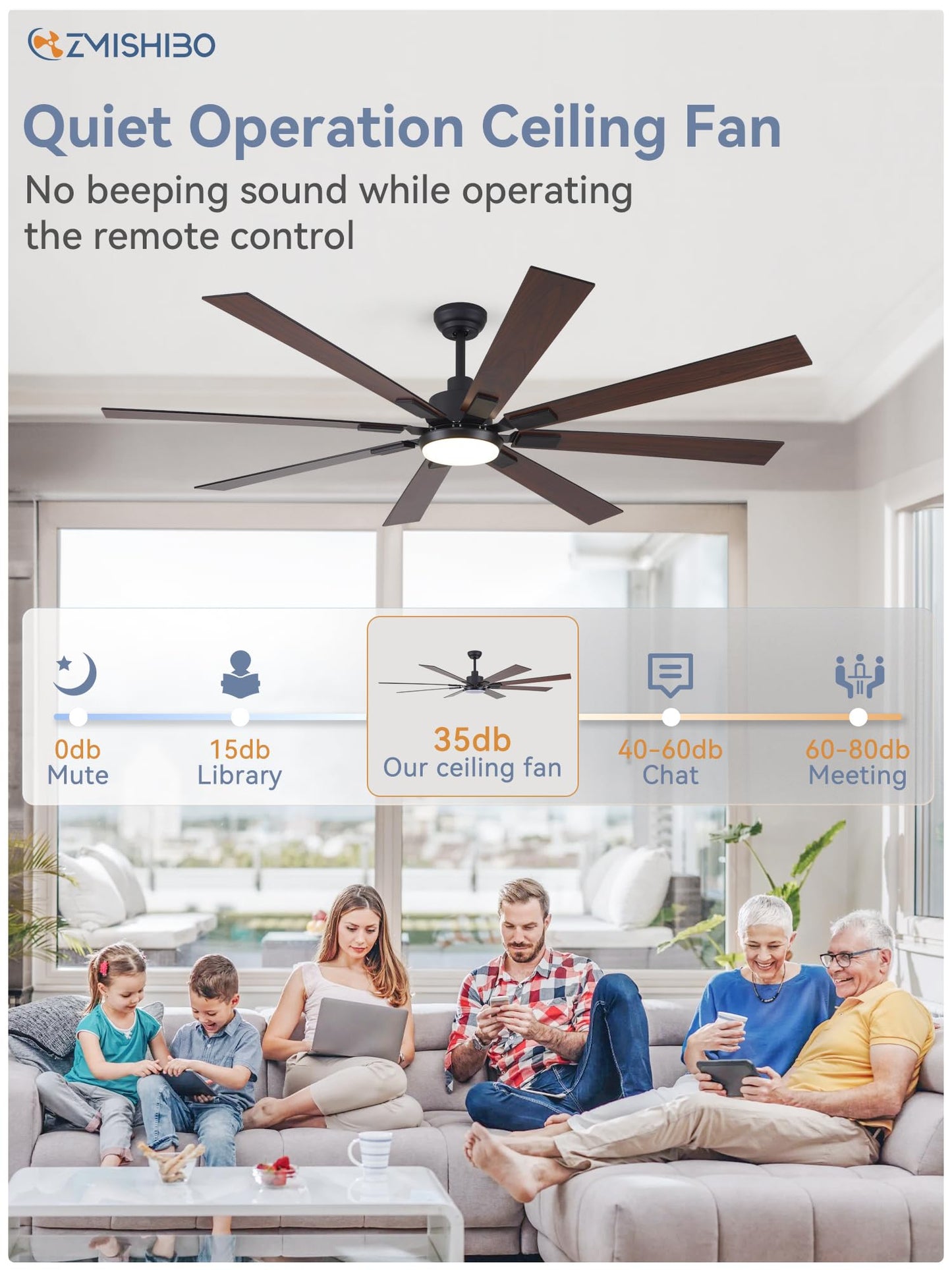 ZMISHIBO 72 inch Large Ceiling Fans with Lights and Remote, Indoor/Outdoor Black Modern Ceiling Fan for Kitchen Living Room Patio, 6 Speed Reversible Quiet DC Motor, 3 CCT, Dual Finish 8 Blades