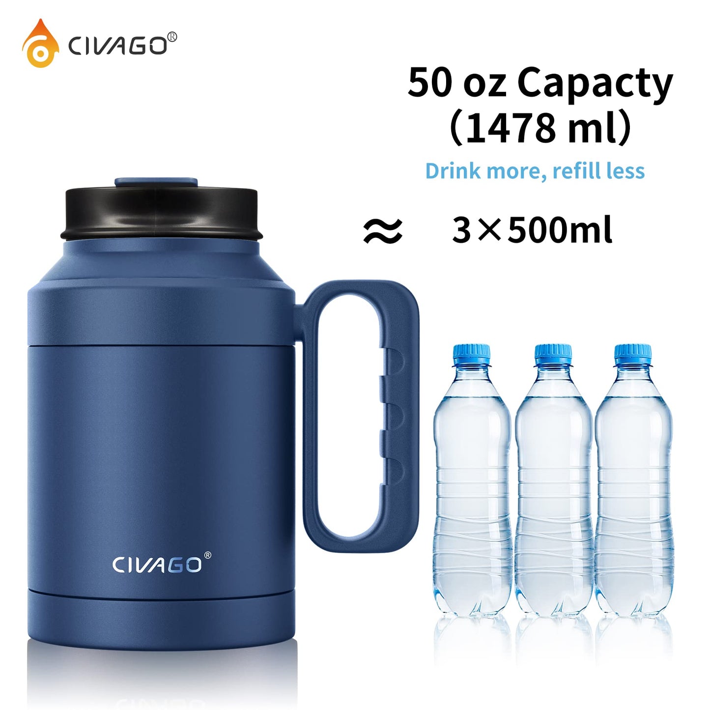 CIVAGO 50 oz Insulated Tumbler Mug with Lid and Straw, Vacuum Travel Coffee Mug with Handle, Double Wall Stainless Steel Water Cup Bottle, Black