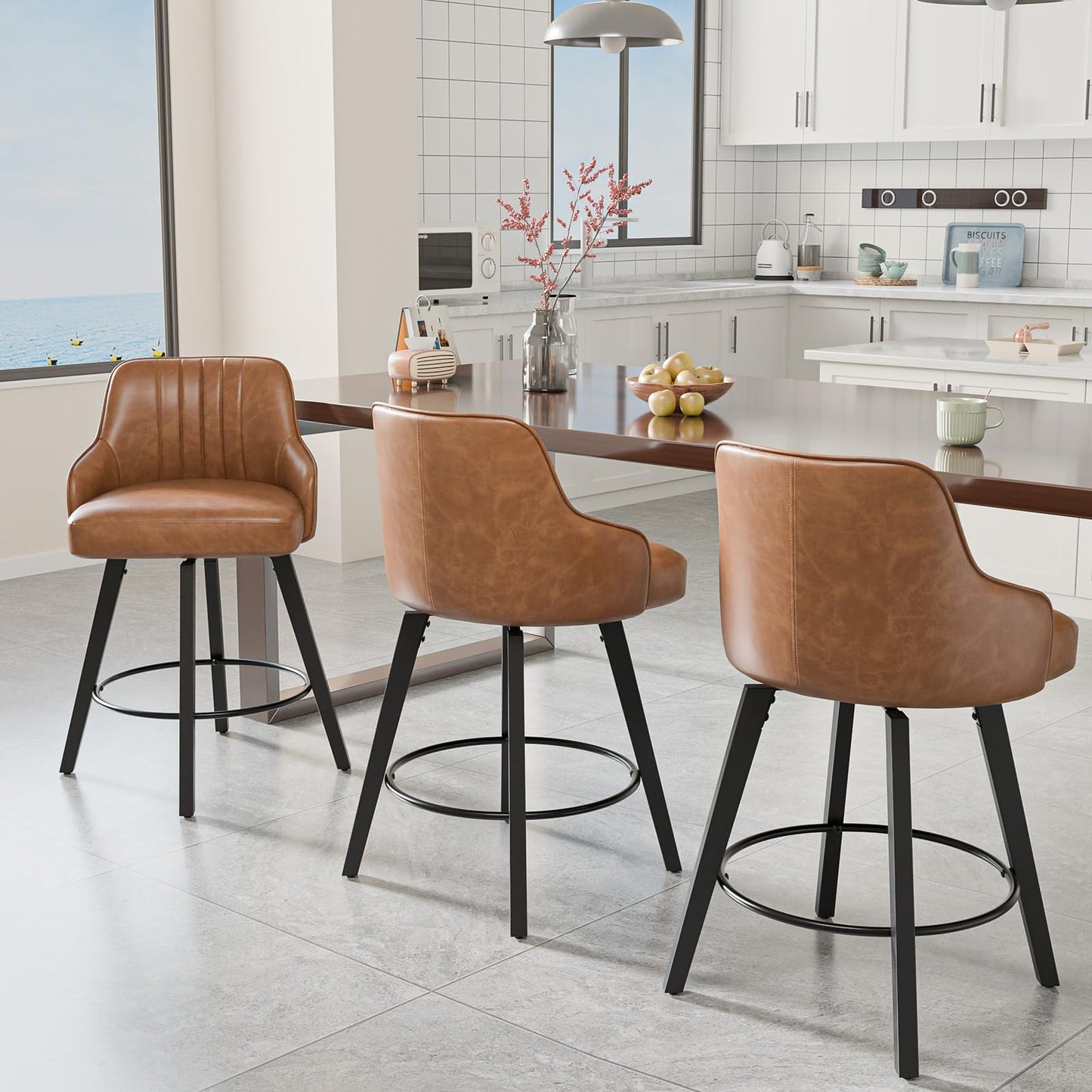 VINGLI 26" H Swivel Barstools Set of 4, PU Leather Upholstered Counter Stool with Back, Kitchen High Chairs Counter Height Bar stools with Cushion, Solid Wood Legs, Brown