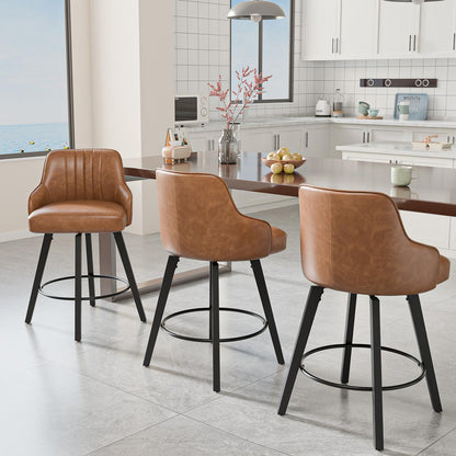 VINGLI 26" H Swivel Barstools Set of 4, PU Leather Upholstered Counter Stool with Back, Kitchen High Chairs Counter Height Bar stools with Cushion, Solid Wood Legs, Brown