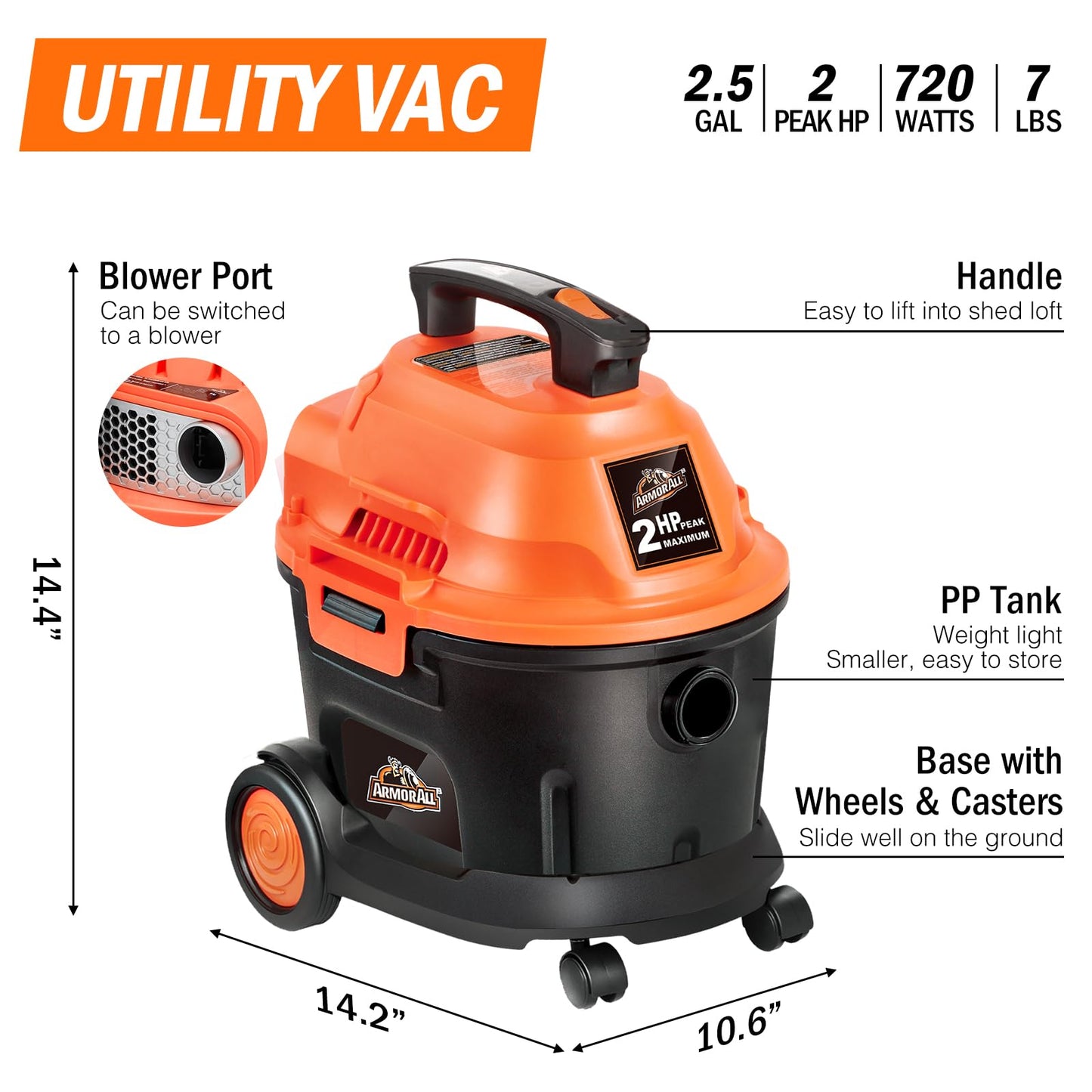 Armor All AA255W 2.5 Gallon 2 Peak HP Utility Wet/Dry Car and Shop Vac, 2.5-Gallon, Orange