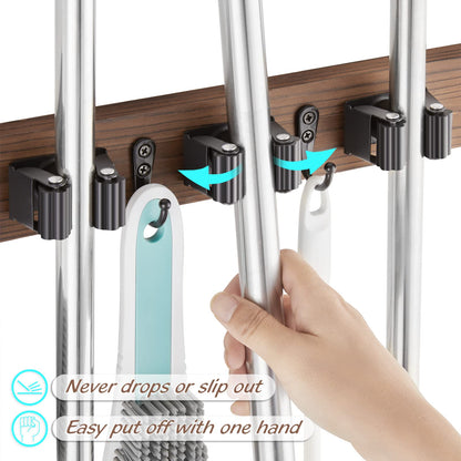 OUTNILI Mop and Broom Holder Wall Mount - Rustic Wood Broom Mop Hanger - Wall Mounted Garden Tool Rack Organizer for Closet Garage Laundry Room Kitchen Decor With 4 Slots & 4 Hooks