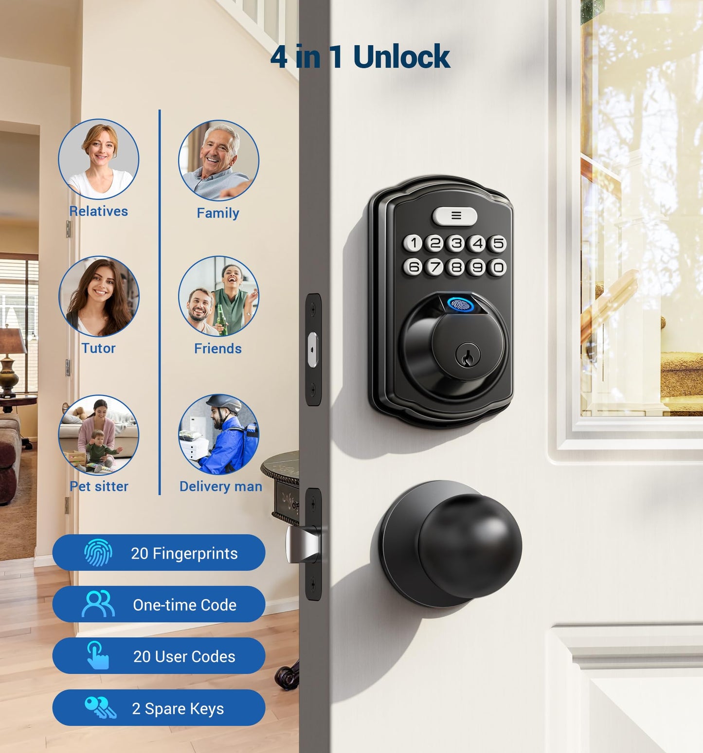 Veise Fingerprint Door Lock with 2 Door Knobs - Keyless Entry Door Lock with Handle, Electronic Keypad Deadbolt, Smart Front Door Lock Set, Auto Lock, Waterproof, Easy Installation, Matte Black