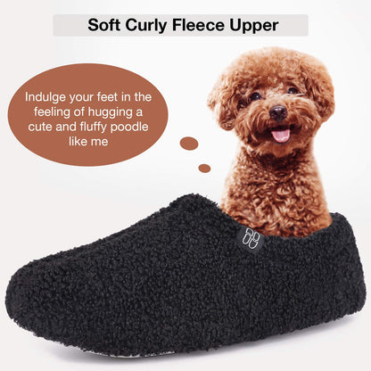 HomeTop Women's Fuzzy Curly Fur Memory Foam Loafer Slippers Bedroom House Shoes with Polar Fleece Lining (8.5, Black)