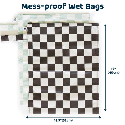 Tiny Twinkle Mess-Proof Waterproof Wet Dry Bag | 2-Pack Reusable Wet Bags for Swimsuits & Baby Clothes | Leakproof Wet Bag for Travel & Diaper Changes for Baby (Black, Green Checkers)