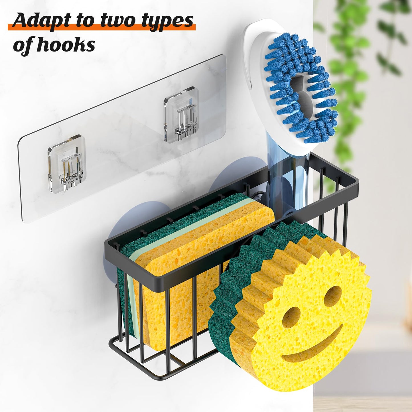 MURLONG Sponge Holder Smiley Face, Sink Caddy for kitchen Sink, Kitchen Organizer Sponge Holder with 2 PCS Suction Cups/1 PCS Adhesive Strips, Designed for Sponge, Soap, Dish brush, Scrubber-Black