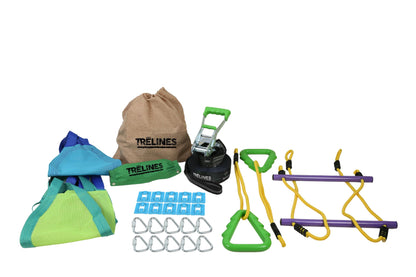 Trelines Swingset Gymnastics Kit 36' - Create an Affordable Swing Set, Slackline & Gymnastics Line - 2 Swings, Double Trapeze bar, 2 Ninja Tree Gym Rings - for Boys and Girls 3+ Holds 500 lbs+