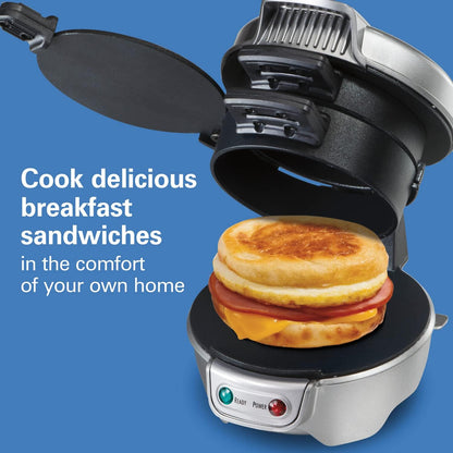 Hamilton Beach Breakfast Sandwich Maker with Egg Cooker Ring, Customize Ingredients, Perfect for English Muffins, Croissants, Mini Waffles, Perfect White Elephant Gifts, Silver (25475)