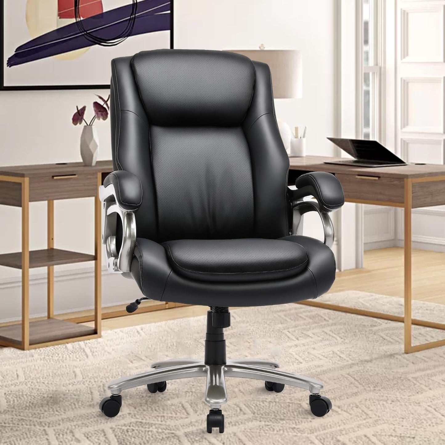 COLAMY Big & Tall Office Chair 400lbs Wide Seat- High Back PU Leather Executive Computer Desk Chair for Heavy People, Large Office Chair with Metal Base & Ergonomic Back Support- Black