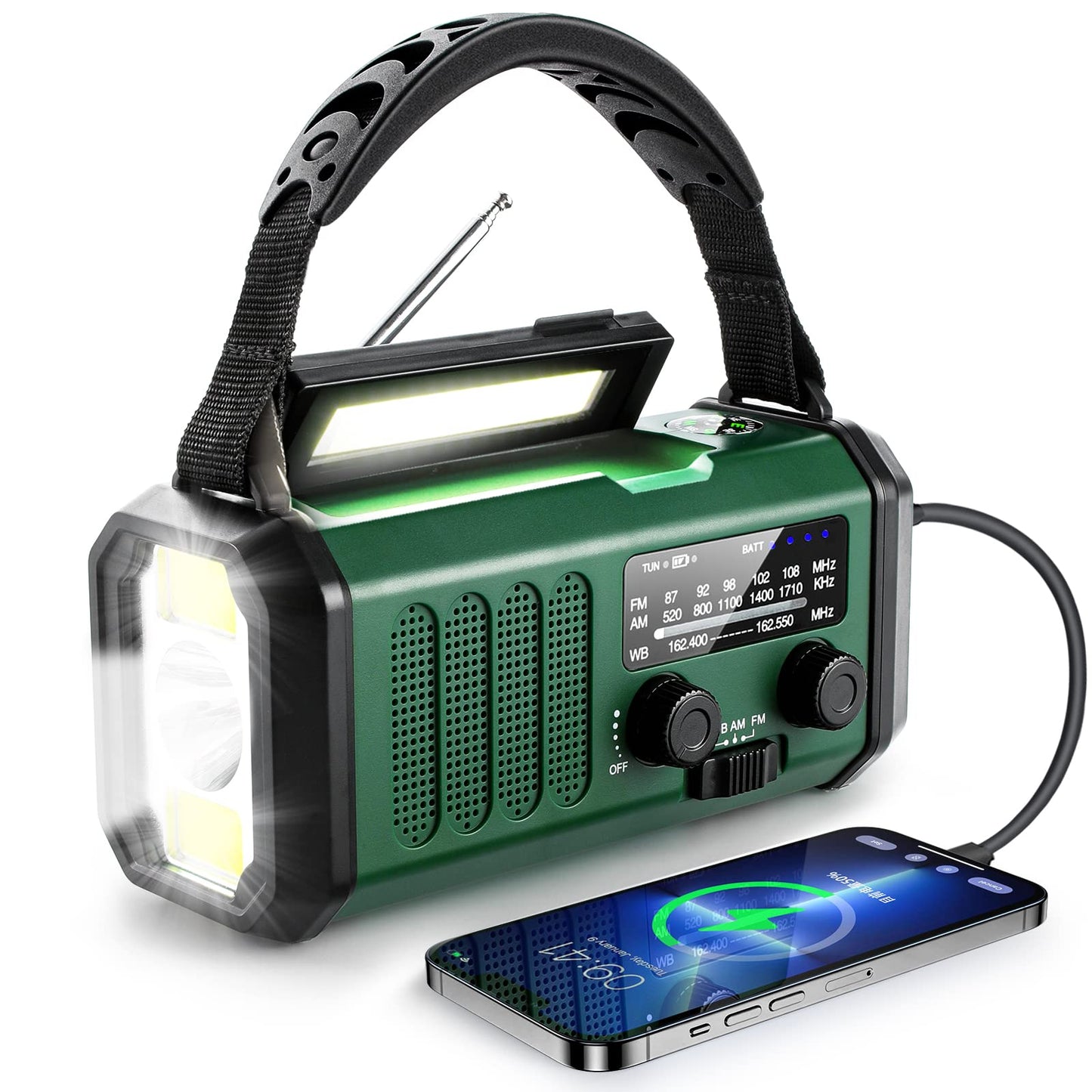 10000mAh Crank Radio, Emergency Radio, Solar Radio, NOAA/AM/FM Weather Radio, USB Type-C Charging, Dynamo Radio, Polymer Battery, Torch & LED Reading Light, SOS Alarm, Compass for Camping