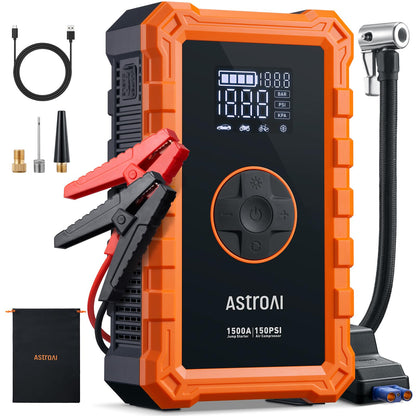 AstroAI S8 Air Jump Starter with Air Compressor, 1500A Car Battery Jumper Starter Portable (6.0 Gas/3.0L Diesel) with 150PSI Cordless Auto-Shutoff Tire Inflator, 12V Battery Charger Booster(Orange)