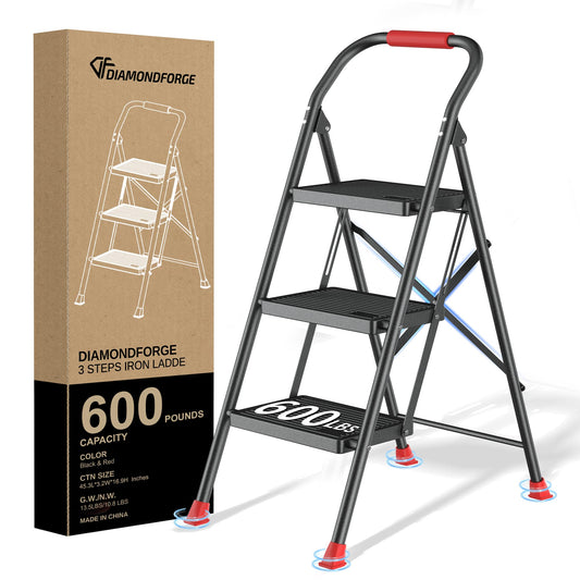 Step Ladder Foldable Folding Stool - for Home Adults Kitchen 3 Stepping Extension Tall Heavy Duty with Handrails - Closet Stepstool Stair Ladders Extendable Stepladder for Indoor House 600Lbs