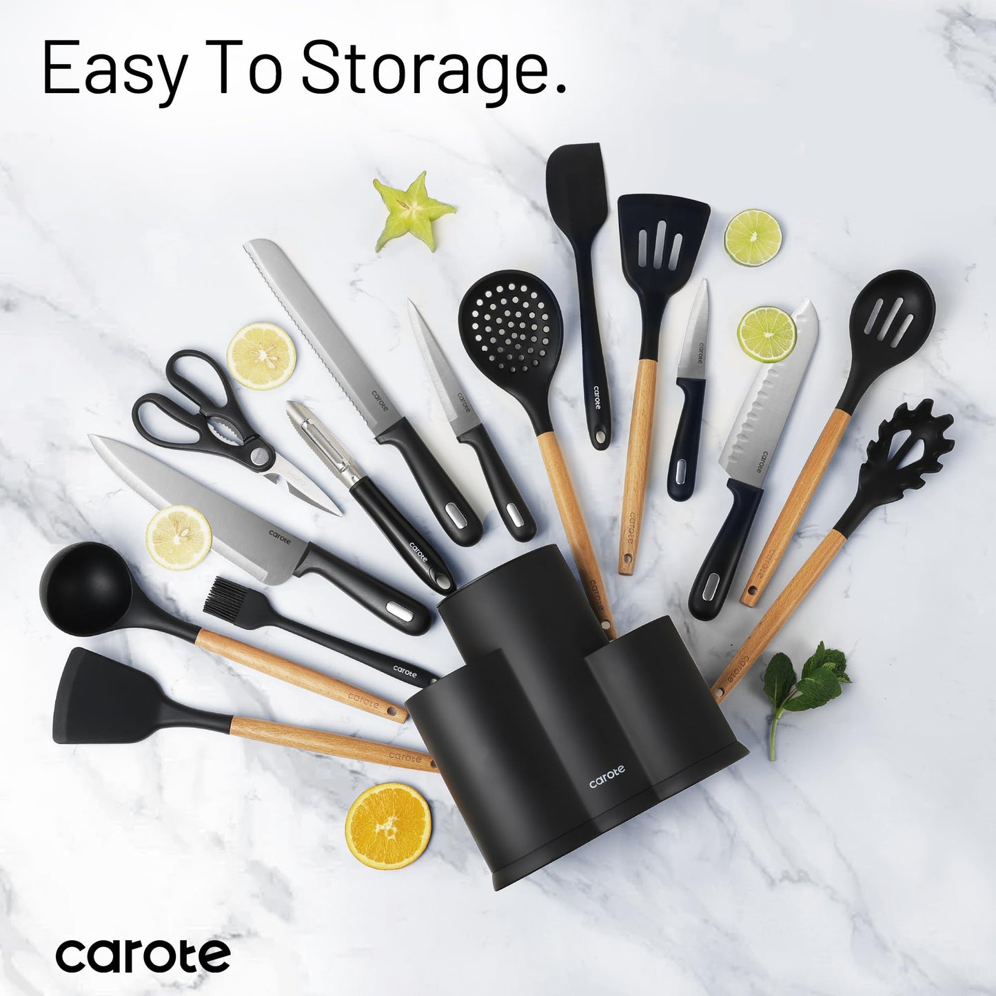 CAROTE 16 Pieces Kitchen Utensils Set, Silicone Cooking Utensils Set with Wooden Handle, Stainless Steel Knife Set with Block, Kitchen Utensil Gadgets Cutlery with Anti-slip Handle, Black