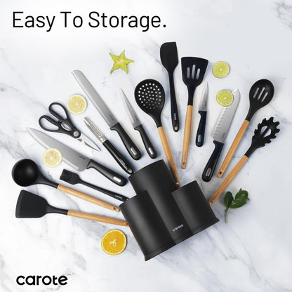 CAROTE 16 Pieces Kitchen Utensils Set, Silicone Cooking Utensils Set with Wooden Handle, Stainless Steel Knife Set with Block, Kitchen Utensil Gadgets Cutlery with Anti-slip Handle, Black