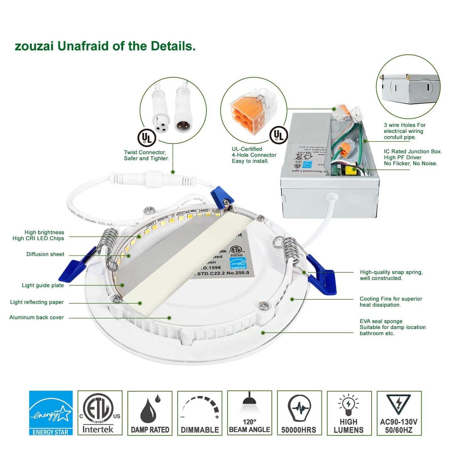 zouzai 12 Pack 6 Inch 6000K Ultra-Thin LED Recessed Light with Junction Box, 12W Dimmable,Ra>85 High Brightness - ETL and Energy Star Certified