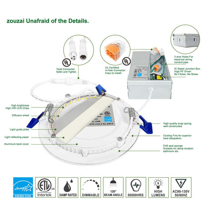 zouzai 12 Pack 6 Inch 6000K Ultra-Thin LED Recessed Light with Junction Box, 12W Dimmable,Ra>85 High Brightness - ETL and Energy Star Certified