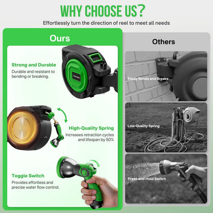 Retractable Garden Hose Reel, 1/2 in x 100 ft Heavy Duty Wall-Mounted Hose Reel with 180° Swivel Bracket, 10-Pattern Nozzle, Automatic Slow Return System, Any Length Lock for outside Watering,Cleaning