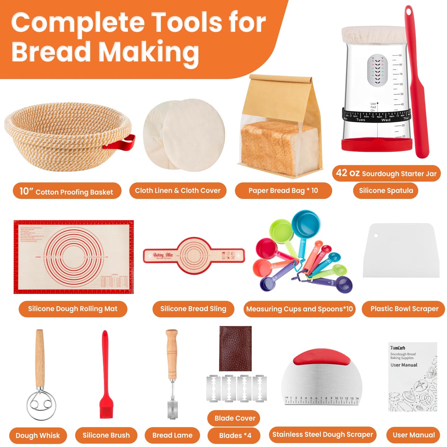 TomCare Sourdough Starter Kit 42 oz Large Glass Starter Jar 10 inch Round Bread Proofing Basket Silicone Baking Mat Tools 10pcs Bread Bags Complete Sourdough Bread Baking Supplies Gifts for Bakers