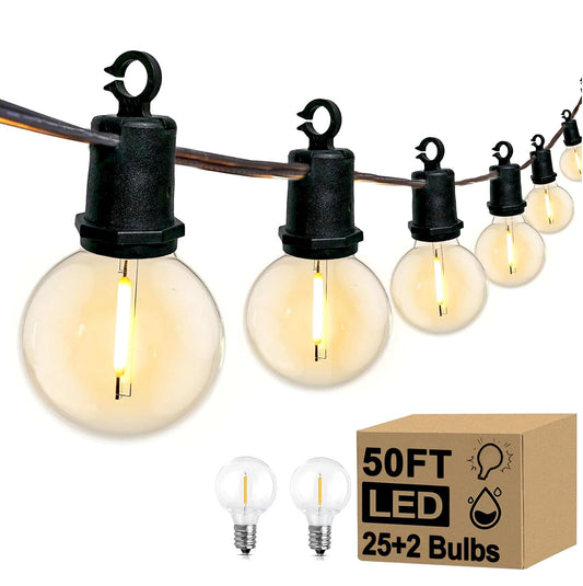 Xingzd 50FT Outdoor String Lights, 25 G40 Edison Golbe Bulbs + 2 Spare, Shatterproof 2700K Warm White Outdoor LED Lights for Patio Garden Backyard Party Decor, E12 Socket Base, Waterproof, Black Wire