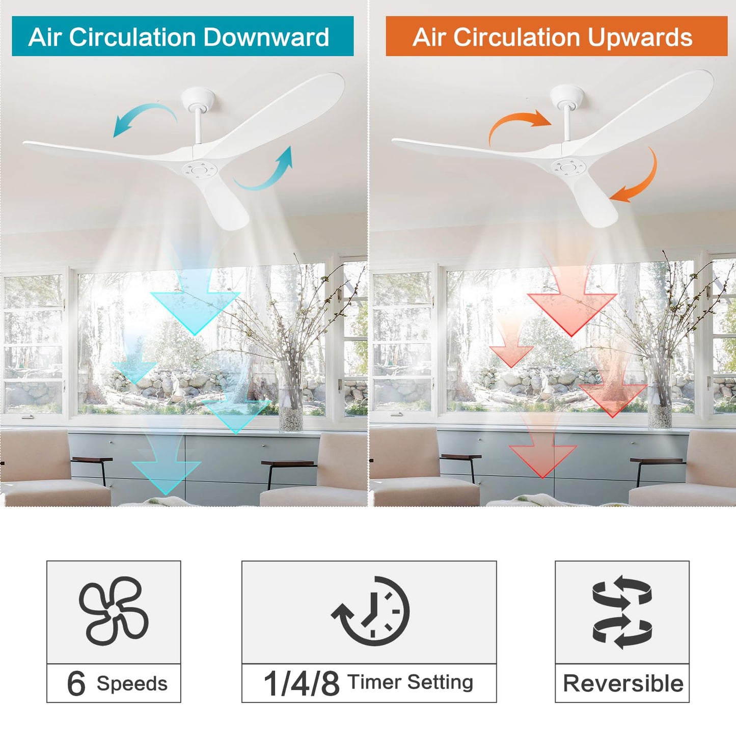 Zronon 72 Inch White Ceiling Fan No Light, Wood Outdoor Ceiling Fans without Lights for Patios Gazebo Porch Living Room, Modern Exterior Extra Large High CFM Ceiling Fan No Light with Downrod