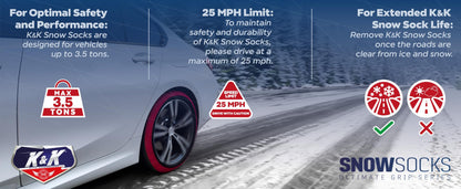 K&K Auto Snow Socks for Tires – Pro Series for Ultimate Grip Approved Snow Chain Alternative Traction Device – Tire Sock for Car SUV Van Minivan – Winter Travel Accessory Emergency Kit – XL (2pcs)