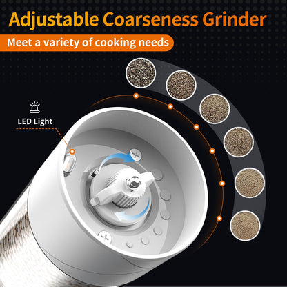 2Pack Electric Salt and Pepper Grinder Set USB Rechargeable with Warm LED Light, Adjustable Coarseness Lidaop Large Capacity Automatic Salt Pepper Mill Grinder for Kitchen, Black and White