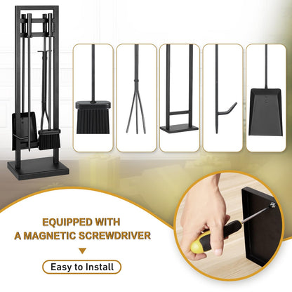 FEED GARDEN Fireplace Tools Set 5 Pieces, 30 Inch Modern Wrought Iron Outdoor Fireplace Accessories Set Long Holder Indoor with Poker, Tongs, Shovel, Brush, Base Black