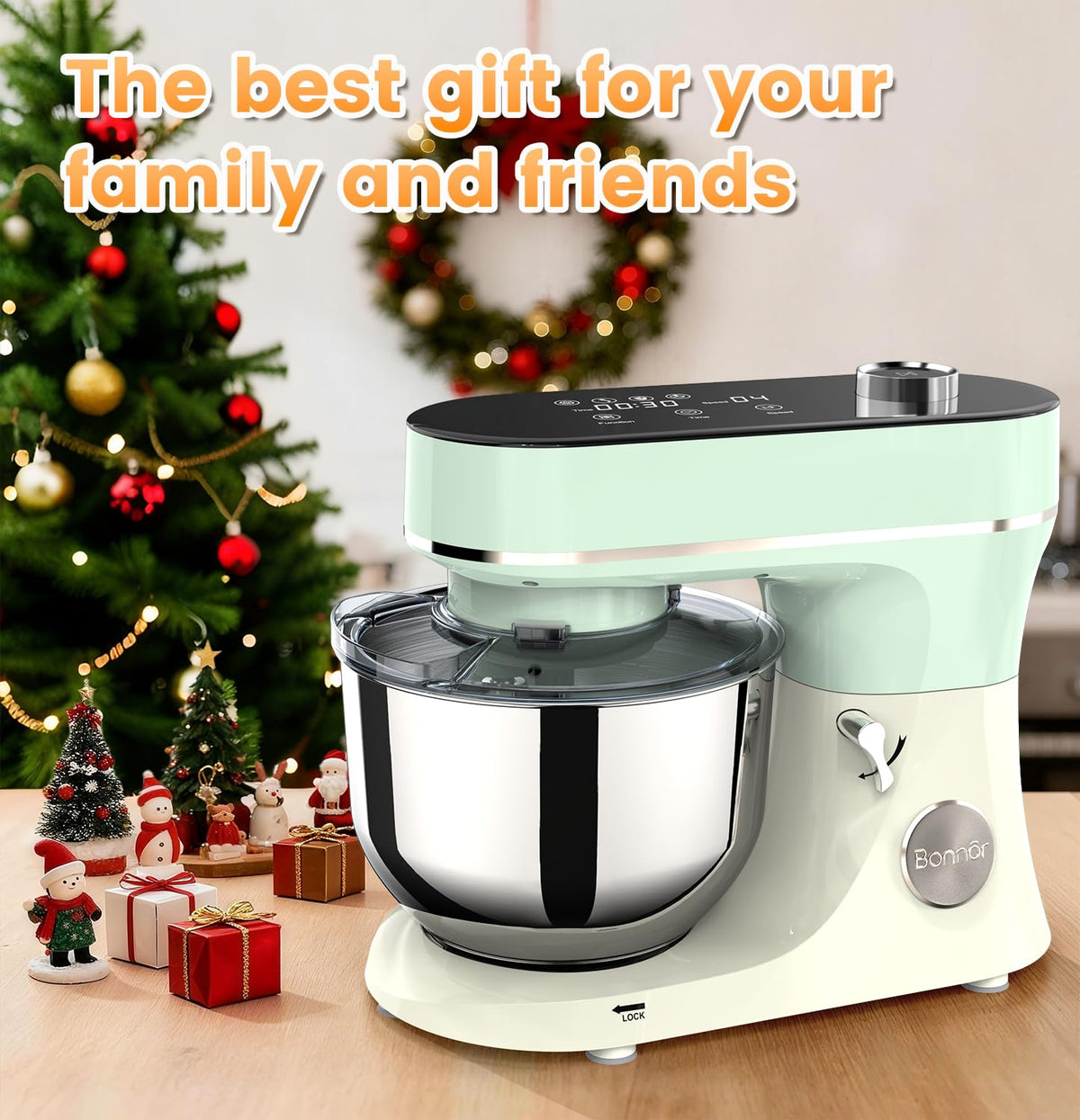 Bonnor Stand Mixer 6QT Kitchen Mixer with LED Smart Touchscreen, 11-Speed Tilt-Head Mixer with Timer, 4 Preset Menus, Stainless Steel Bowl, Dough Hook, Whisk, Beater,Green