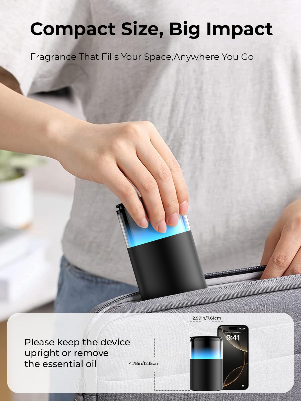 Pmsusoow Waterless Diffuser for Essential Oil: Mini Battery Scent Diffuser for Room&Home&Car with 9 Colors LED Light - Aroma Cool Mist Obsidian Black