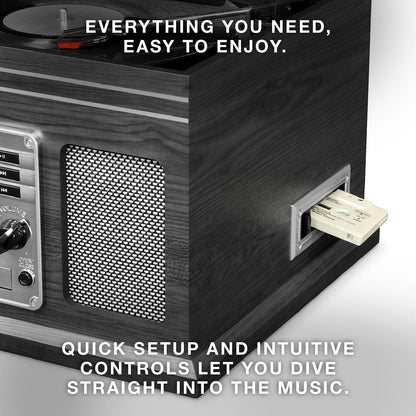 Victrola The Quincy 6-in-1 Bluetooth Record Player & Multimedia Center with Built-in Speakers – 3-Speed Turntable, CD & Cassette Player, AM/FM Radio, Wireless Music Streaming (Farmhouse Oatmeal)