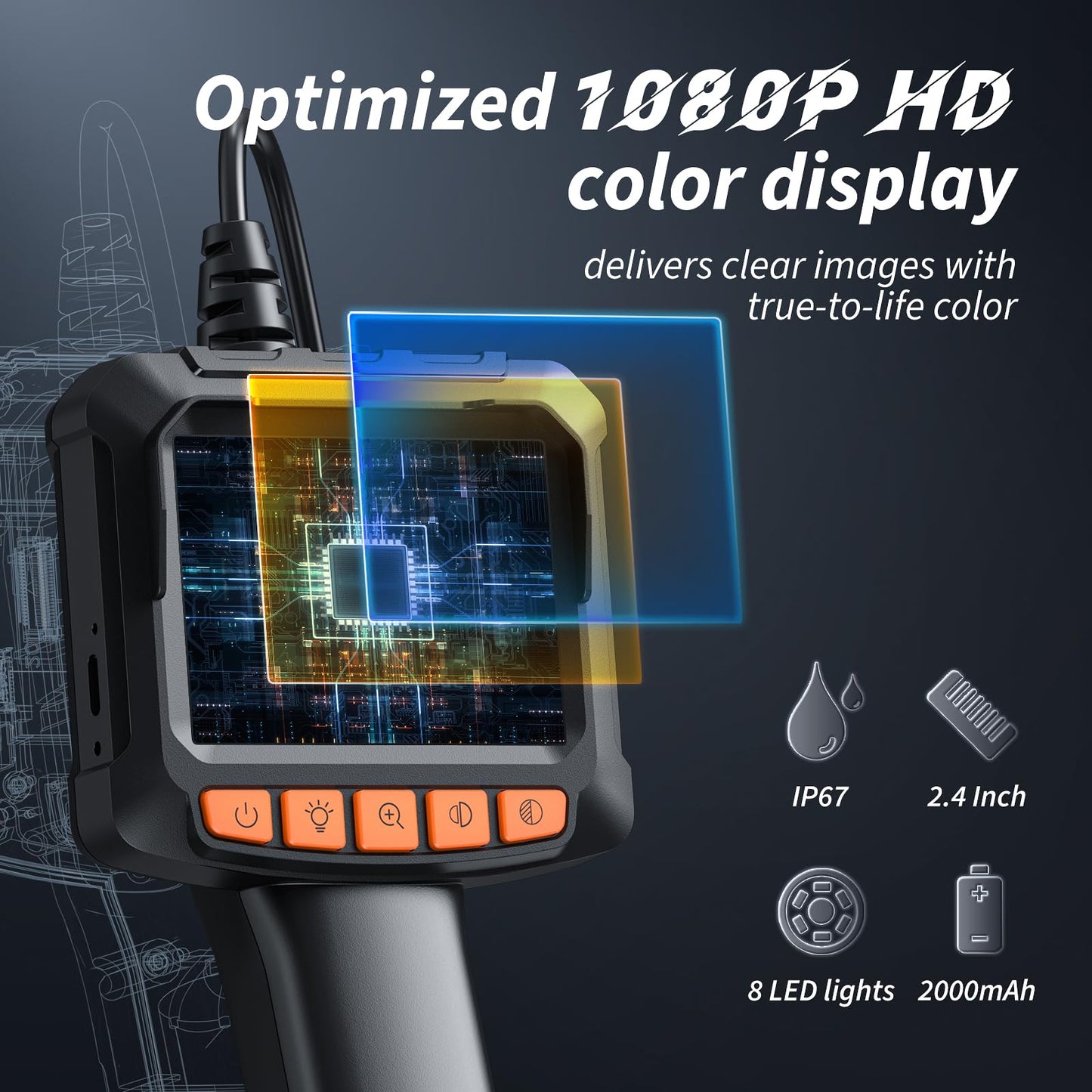 Endoscope Camera with Light, 1920P Inspection Camera, with 2.4-inch Color Display Borescope, Waterproof Industrial Borescope with 8 Adjustable LED Lights, 16.5ft Semi-Rigid Cable Sewer Camera