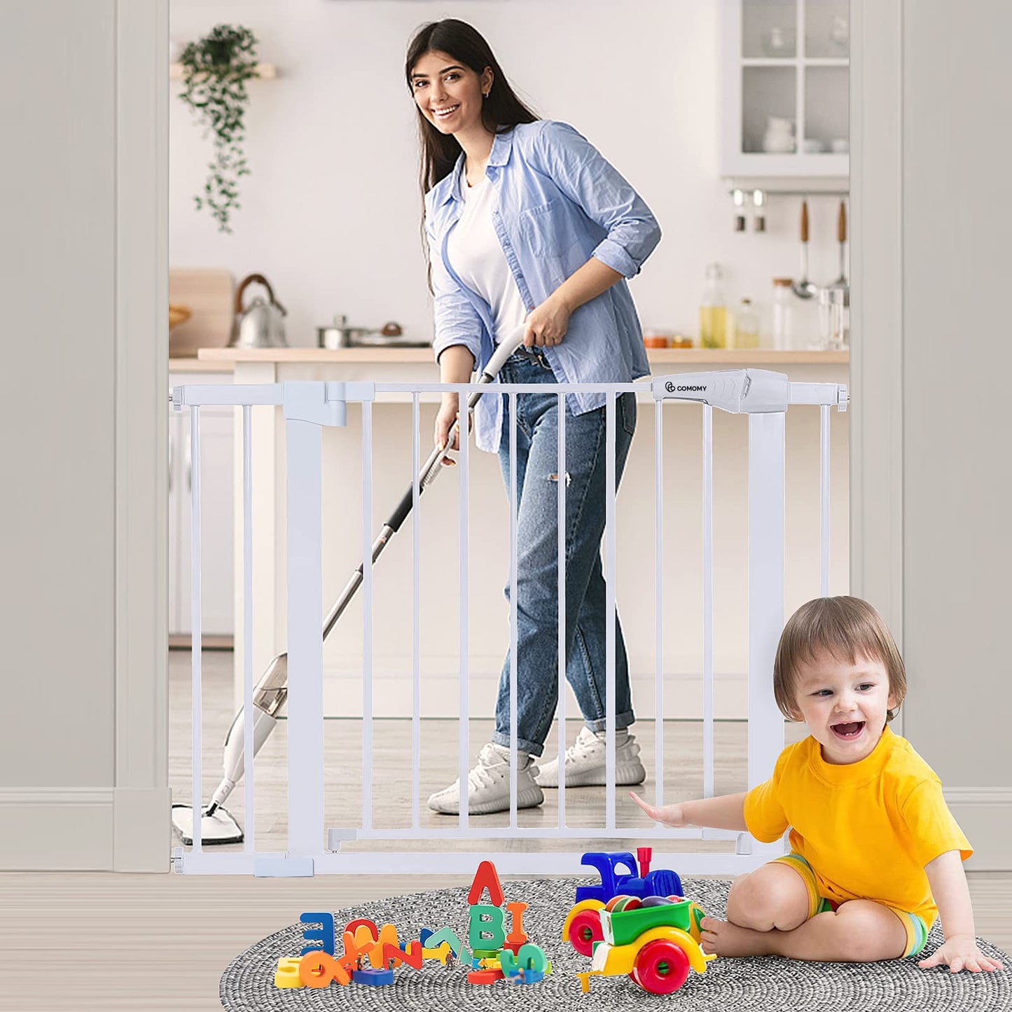 COMOMY 29.5-40.5" Extra Wide Baby Gate, Auto Close Dog Gate for House Doorways Stairs, Pressure Mounted Easy Walk Thru Pet Gate Safety Child Gate, includes 4 Wall Cups and 2 Extension Pieces, White