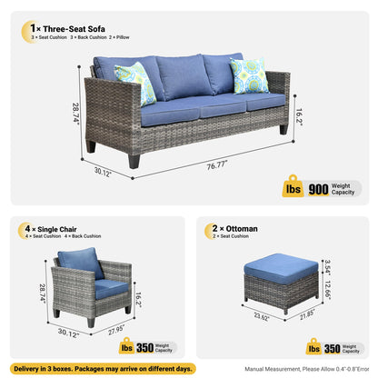 ovios Patio Furniture Set, 7 Pieces Outdoor Wicker Rattan Sofa Couch with 4 Chairs, Ottomans and Comfy Cushions, All Weather High Back Conversation Set Garden Backyard, Denim Blue