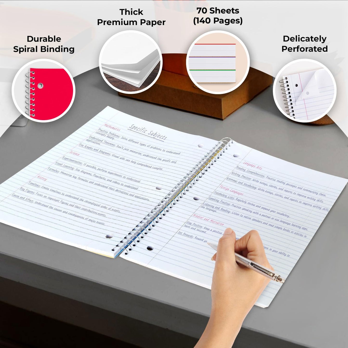 Rosmonde Spiral Notebooks, 12 Pack, 1 Subject Notebook, Wide Ruled, 70 Sheets, 8 x 10-1/2", 3 Hole Punched, School Supplies, Bulk Single Subject Spiral Notebook Bulk, Assorted Colors Pack of Notebooks