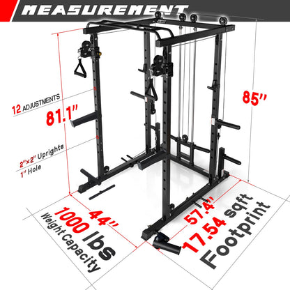 RitFit Multi-Function Garage & Home Gym Package Includes 1000LBS Power Cage PPC03 with Cable Crossover System, Weight Bench, Olympic Barbell Weight Set, Full Body Workout-BLK,Bumper Plate 230lbs