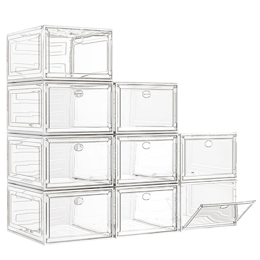 7 code Large Clear Shoe Boxes Organizer【Thicker Material】 Stronger Shoe Box with Magnetic Door, Stackable Shoe Storage Box for Closet, Foldable Space-Saving Storage Bins Shoe Cabinet, White 9 Pack