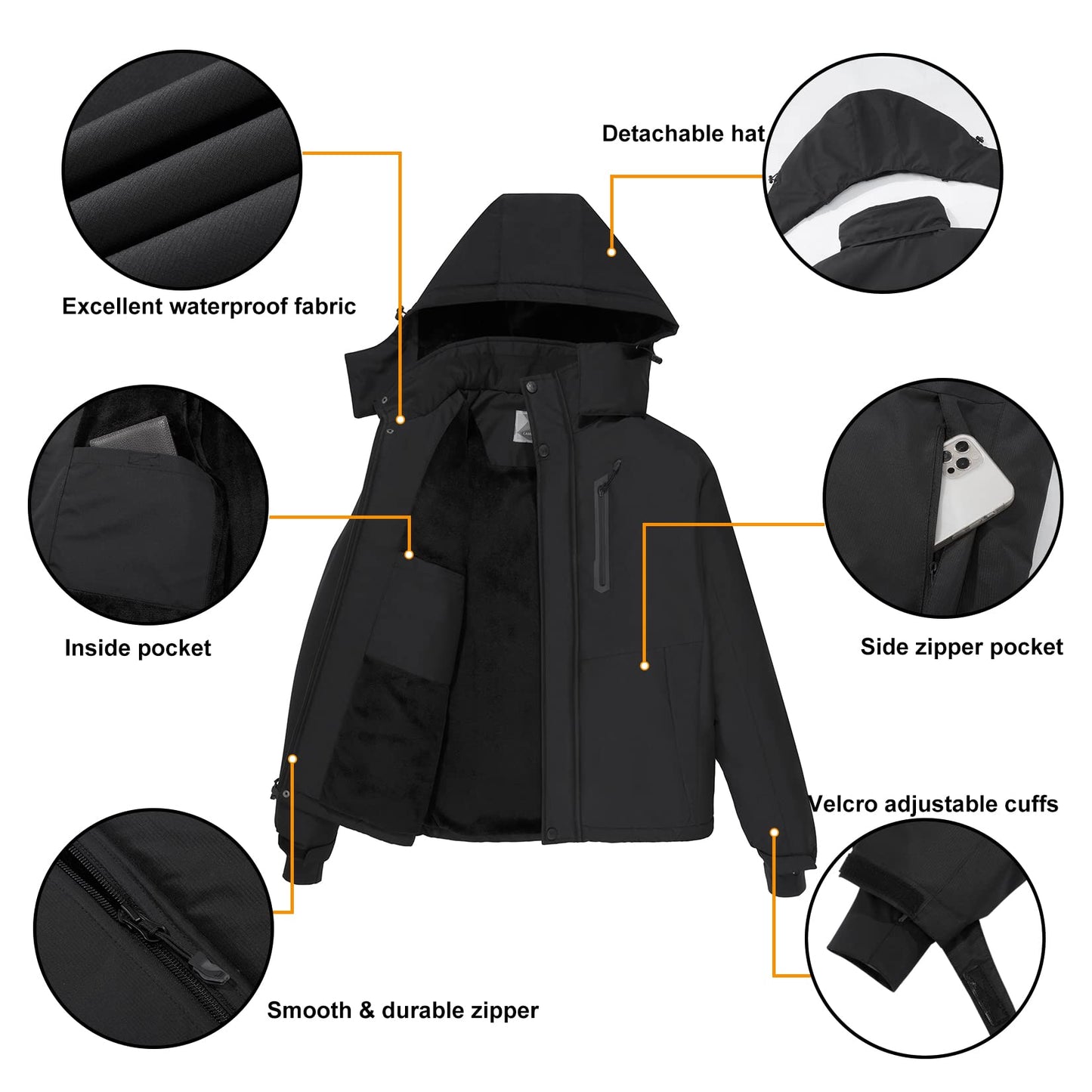 CAMEL CROWN Men's Mountain Snow Waterproof Ski Jacket Detachable Hood Windproof Fleece Parka Rain Jacket Winter Coat Black XX-Large